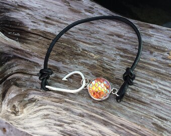 Leather Mermaid Bracelet with Fish Hook Charm, Black Leather Bracelet, Beach Jewelry, Beach Bracelet