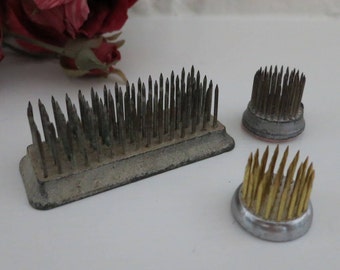 3 Vintage Metal Flower Frogs, Great for Photo Display, Notecards Holder, Set Metal Flower Frog