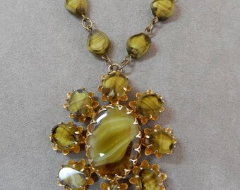 W. German Green Givre Art Glass Pendant Necklace OER59