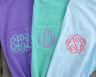LONG Sleeve Comfort Colors Monogram Pocket Tee, Comfort Colors, monogram pocket tshirt, monogram pocket tee for women