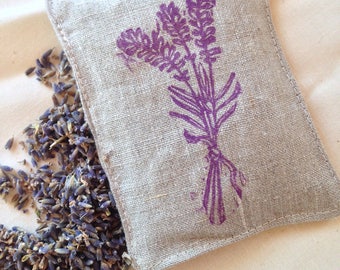 Made in Vermont! Original hand printed lino cut block print on a hand made linen lavender sachet! Perfect Valentine's day gift!