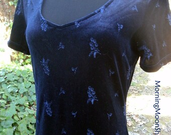 BLUE VELVET MAXI Dress, Vintage 1990s, flower embroidery, Gothic Bohemian Stevie Nicks Gypsy Witch, long elegant stunning! short sleeves, 6