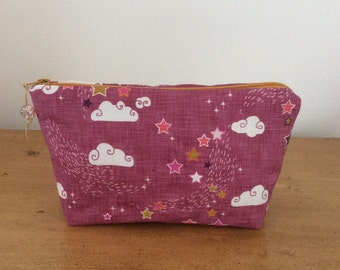 Makeup pouch, notions pouch, knitting notions storage, gift, linen, canvas, clouds and stars, pink