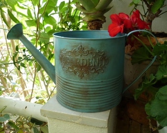 shabby chic,grungy turquoise watering can,embossed garden,fixed rose & carrying handle