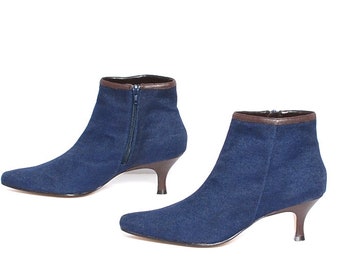size 10 CHELSEA denim blue 80s 90s KITTEN HEEL zip up ankle boots