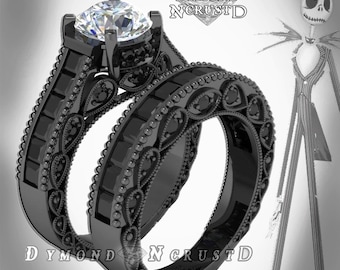 Pumpkin King Skellington Inspired White & Black Swarovski Accents on Black Rhodium or Black Gold Bridal Engagement Ring Set