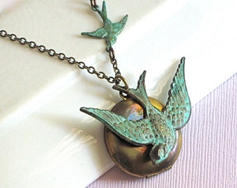 Bird Locket Necklace - Verdigris Patina, Brass Locket, Locket Necklace, Bird Jewelry, Nature Jewelry