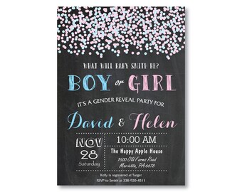 Confetti Gender Reveal Invitation. Gender Reveal Party Invitation. Chalkboard. He or She. Blue and Pink Baby Boy or Girl. Printable Digital.