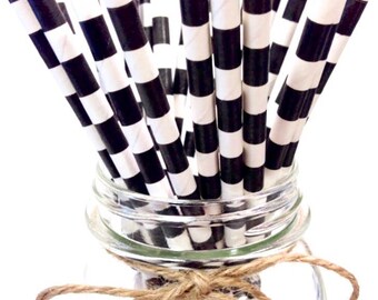 25 Black Stripes paper straws // baby bridal shower decorations // candy dessert buffet table // wedding // First birthday/new year party