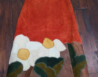 Vintag Vtg 60s 70s Char Suede Leather Patchwork Wrap Skirt Boho Hippie Festival Whipstitch