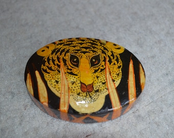 Hand-Painted & Lacquered Box From Kashmir, India---Tiger in the Reeds Design---From 1977