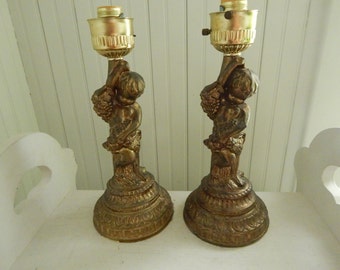 Hollywood Regency Cherub Accent Table Lamp - Set of Two Spelter Lamps - Antique Brass Shabby Chic Boudoir Lamp - Cherub Lamp - Set of Two