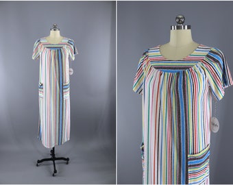 Vintage 1960s 1970s Caftan Dress / Maxi Dress / Loungewear / Muumuu Dress / RAINBOW Stripes / Poolside Resort / Terry Cloth