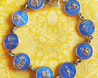Vintage Enamel Hans Christian Andersen Fairy Tales Denmark Linked Disks Charms Bracelet