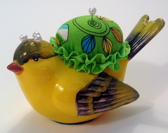 Pincushion. Yellow Bird Ceramic, 3.25" by 2.25", 3 oz net, #0822