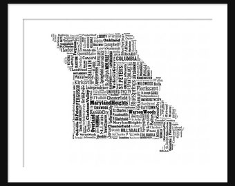 Missouri State Map City Cities Typography Map Poster Print