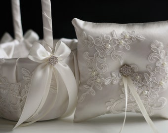 Off White Bearer, Lace Flower Girl Basket, Lace Ring Bearer Pillow Ivory Flower Girl Basket Pillow Set Lace Ring Pillow Ivory wedding basket