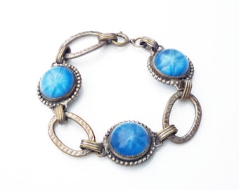 Art Deco Star Sapphire Bracelet - Blue Glass, Silver Tone Links, Machine Age, Antique Jewelry, Art Deco Jewelry, Vintage Bracelet