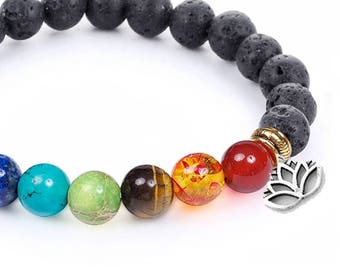 Chakra Balancing Lava Bead Diffuser Bracelet - Essential Oil Aromatherapy - FREE Gift Pouch - Lava and Crystal Bracelet - Yoga - Reiki