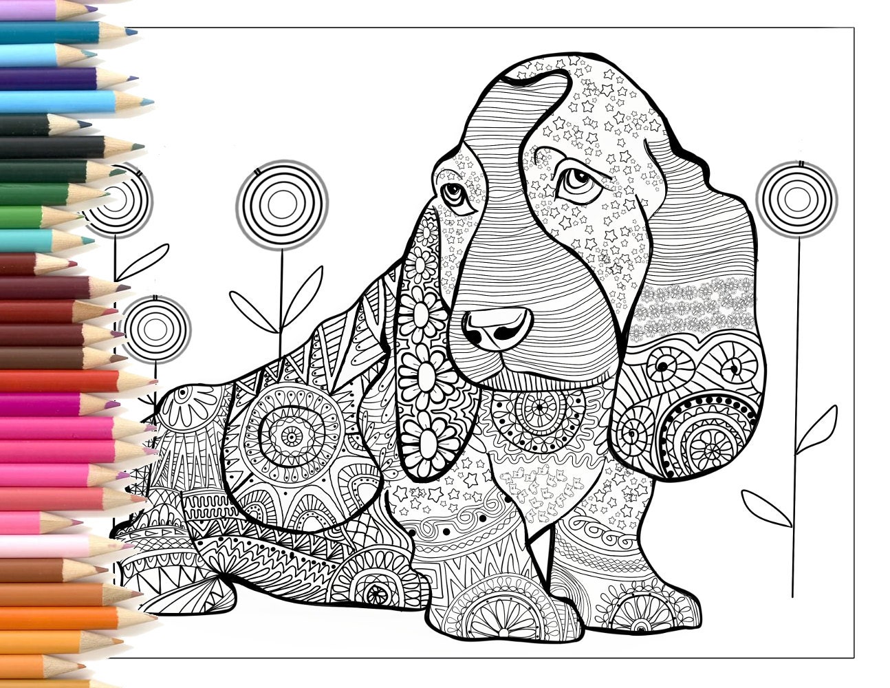 Dog zentangle coloring page printable art hand made
