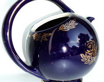 colbalt blue/ hall teapot /gold trim /flower art /deco modern
