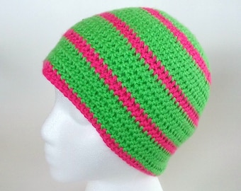 Lime Green and Hot Pink Striped Beanie Crochet Hat