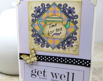 Get Well Card with Matching Tea Envelope and Gift Tag - Gift Set - Time for Tea - Lavender Card - Blank Card - Get Well Soon
