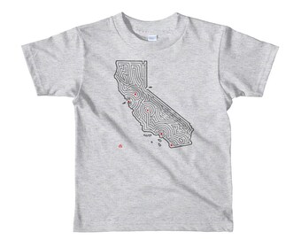 Kids California Map Maze Short Sleeve T-Shirt | San Francisco / Los Angeles / Lake Tahoe (Grey, White, Blue or Pink)