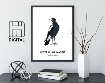 Magpie print, printable bird print, bird art, animal print, Australian native wall art, Australian wildlife, nursery prints, nursery art