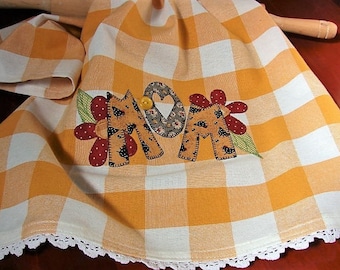 Mom Kitchen Towel | Appliqued Mom Tea Towel | Vintage Button | Gold White Check Towel | Kitchen Decor | Gifts for Moms | Farm Style Towel