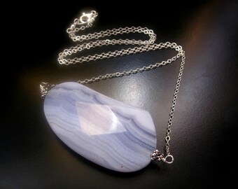 Blue Lace Agate Necklace, Blue Lace Agate Chain Necklace, Blue Lace Agate Large Pendant, Sterling Silver Chain, Blue Lace Agate Jewelry
