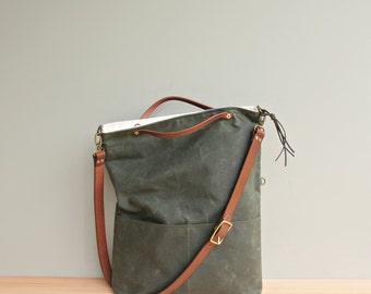Convertible Waxed Canvas Tote with Leather Strap in Avocado Green, Waxed Canvas Bag, Crossbody Purse, Plus Size Foldover Bag, Made in USA