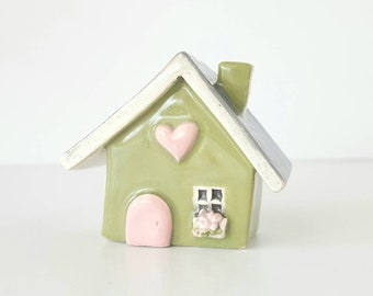 Little Clay House Whimsical Sage Green House with a Blush Pink Door | Ceramic Fairy House Gnome Home | Whimsical Terrarium Decoration