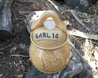 Golden Wheat Garlic Jar Handmade Pottery by Daisy Friesen