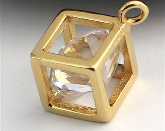 gold on sterling silver cube charm with zirconia , zirconia trapped in gold cube charm pendant