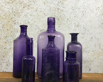 Vintage PURPLE BOTTLE Lot - Amethyst Glass- Antique Bottles - Instant Collection Vintage Bottle Group- Wedding Decor Centerpiece- R88