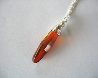 Crystal Pendant, Swarovski, Wire Wrapped, Ellipse, Red Magma, Handmade, Silver Chain