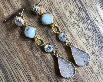 Druzy Teardrop Moonstone CZ Chandelier Statement Earrings/ Natural Gemstone Druzy Stone Dangle Drop Chandelier Moonstone (EPJ-EHC10)
