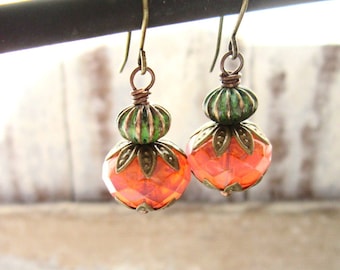 Czech Glass Dangle Earrings. Verdigris Drop Earrings. Copper Earrings. Verdigris Jewelry