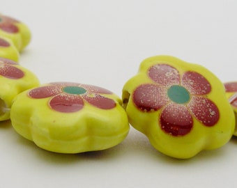 Yellow and Red Porcelain Flower 15x15mm Beads-S