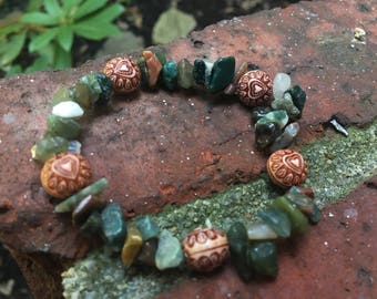 Moss Agate Chip and Heart Bracelet