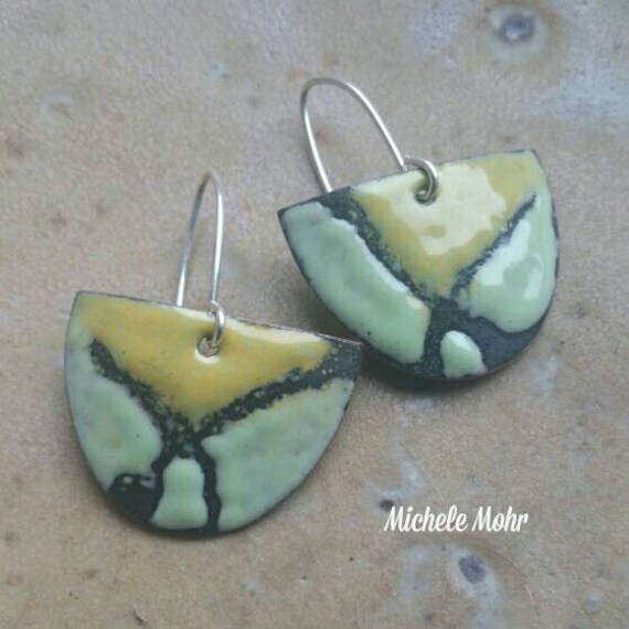 Enameled copper shield earrings with sterling silver ear wires