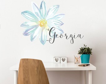 Watercolor Flower Wall Decal - Girl Name Sticker - Watercolor Wall Art - Girl Bedroom Decor