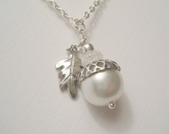 Pearl Acorn Necklace Silver Acorn Necklace Acorn Pendant Jewelry Bridesmaid Necklace White Acorn Necklace Acorn Jewelry