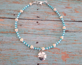 ankle bracelet, summer anklet, wood bead anklet, silver dollar anklet, silver dollar anklet, beach anklet, blue anklet, white anklet, beads