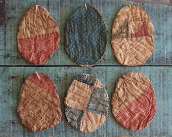6 Rustic Egg Ornaments, Tattered Eggs, Antique Quilt Eggs, Primitive Eggs, Farmhouse Easter Decor, Pink & Blue - READY TO SHIP