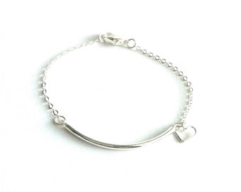 Silver Bar Heart Bracelet, Delicate Silver Bracelet, Minimal Bracelet, Dainty Silver Bracelet, Thin Silver Bracelet, Silver Chain Bracelet