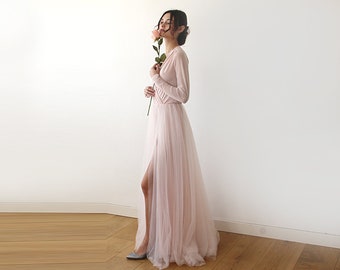 Pink wrap tulle gown with long chiffon sleeves and slit, pink bridesmaids tulle gown 1174