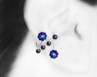Heliotrope Swarovski Crystal Ear Cuff, No PIercing Needed, Purple Swarovski Pearls, Cartilage Jewelry, Statement Earring, Capella III v4