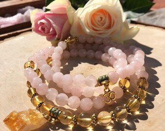 108 Mala Beads Pink Rose Quartz Rhodonite Crystal Japa Mala